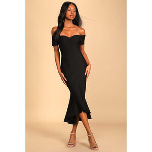 Lulus How Much I Care Black Off-the-shoulder Midi Dress - Size M